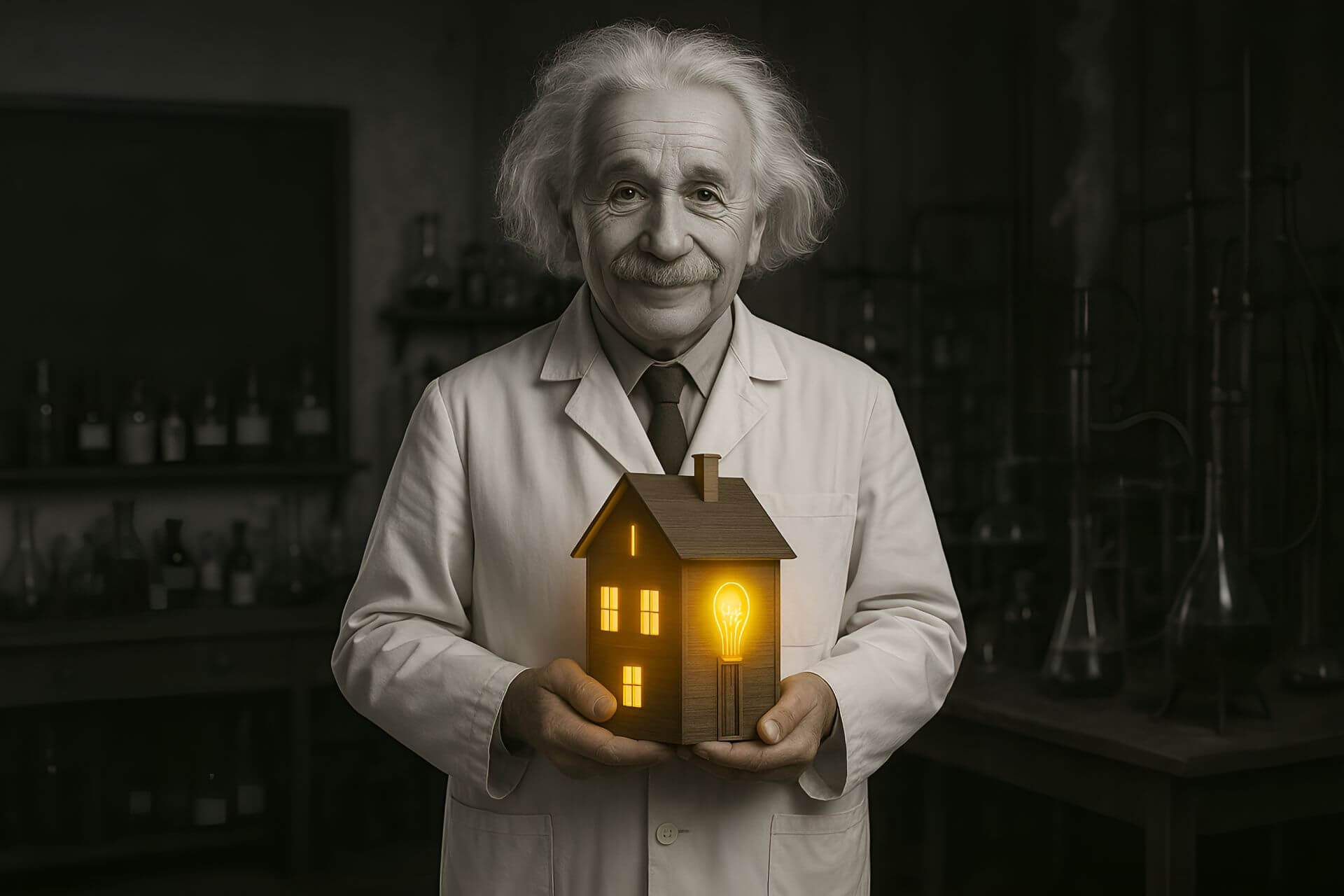 Albert Einstein tiene in mano un modellino di casa, accesa come una lampadina, simbolo di ispirazione e nuove idee.