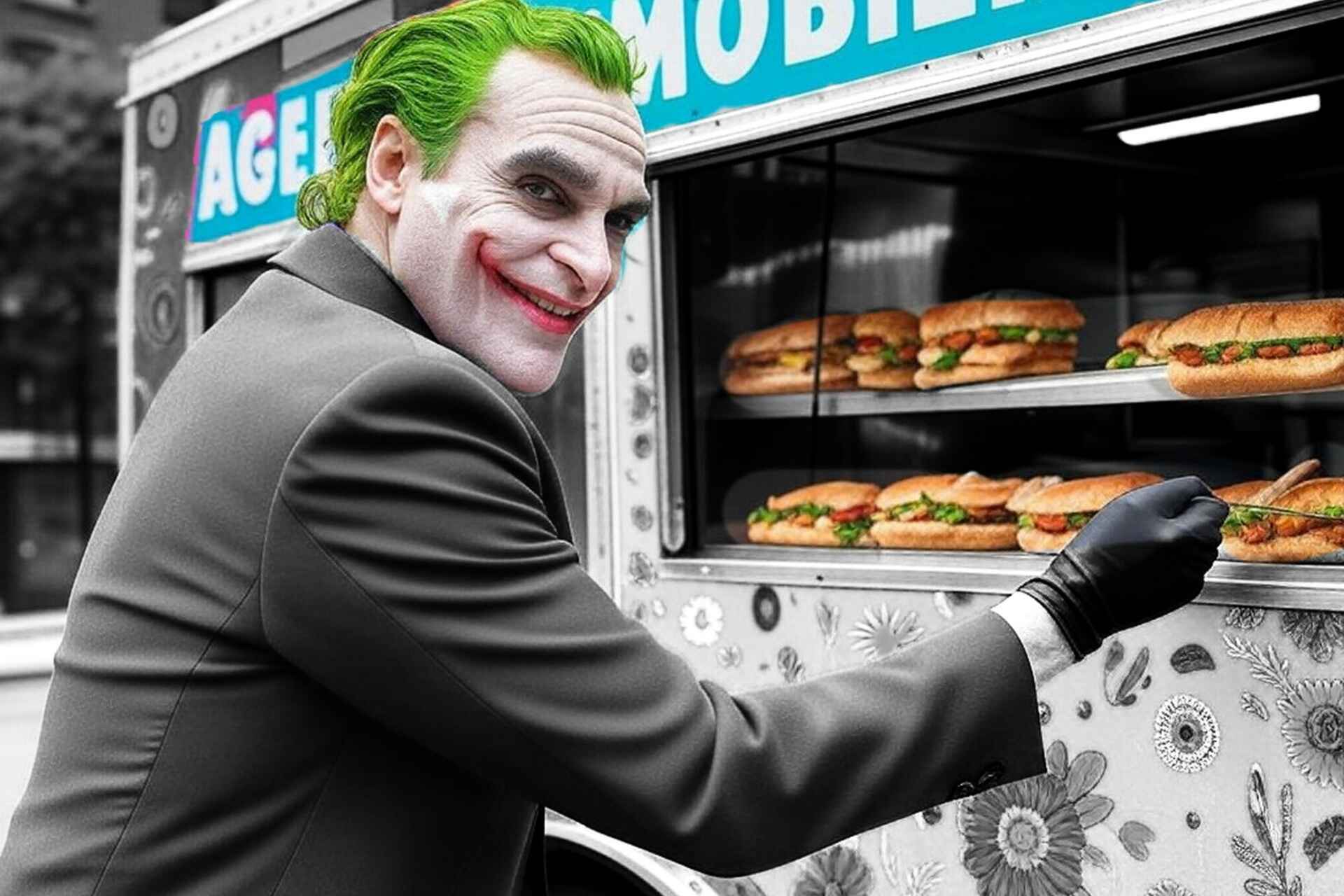 Uomo vestito da Joker serve panini da un food truck colorato con scritta “Agenzia immobiliare” sullo sfondo, simbolo ironico di disordine contrapposto alla serietà dell’agenzia immobiliare DESIDERATAdomus.
