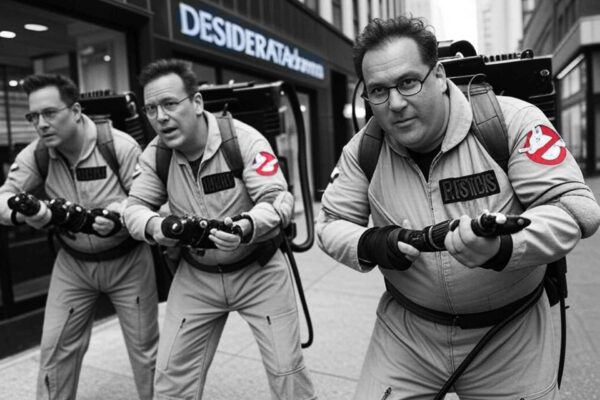 Tre Ghostbusters davanti a DesiderataDomus con zaini protonici, slogan sugli immobili che non sono fantasmi e l’importanza di professionisti veri.