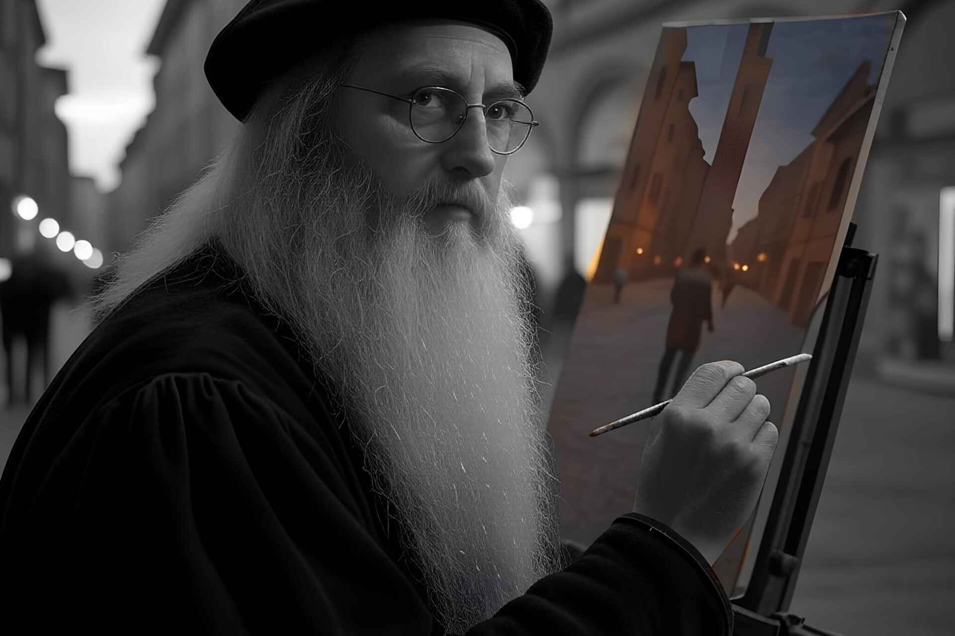 Uomo anziano con lunga barba e berretto dipinge su una tela la scena delle Due Torri a Bologna, simbolo della cura artigianale e della consulenza su misura nell’immobiliare.