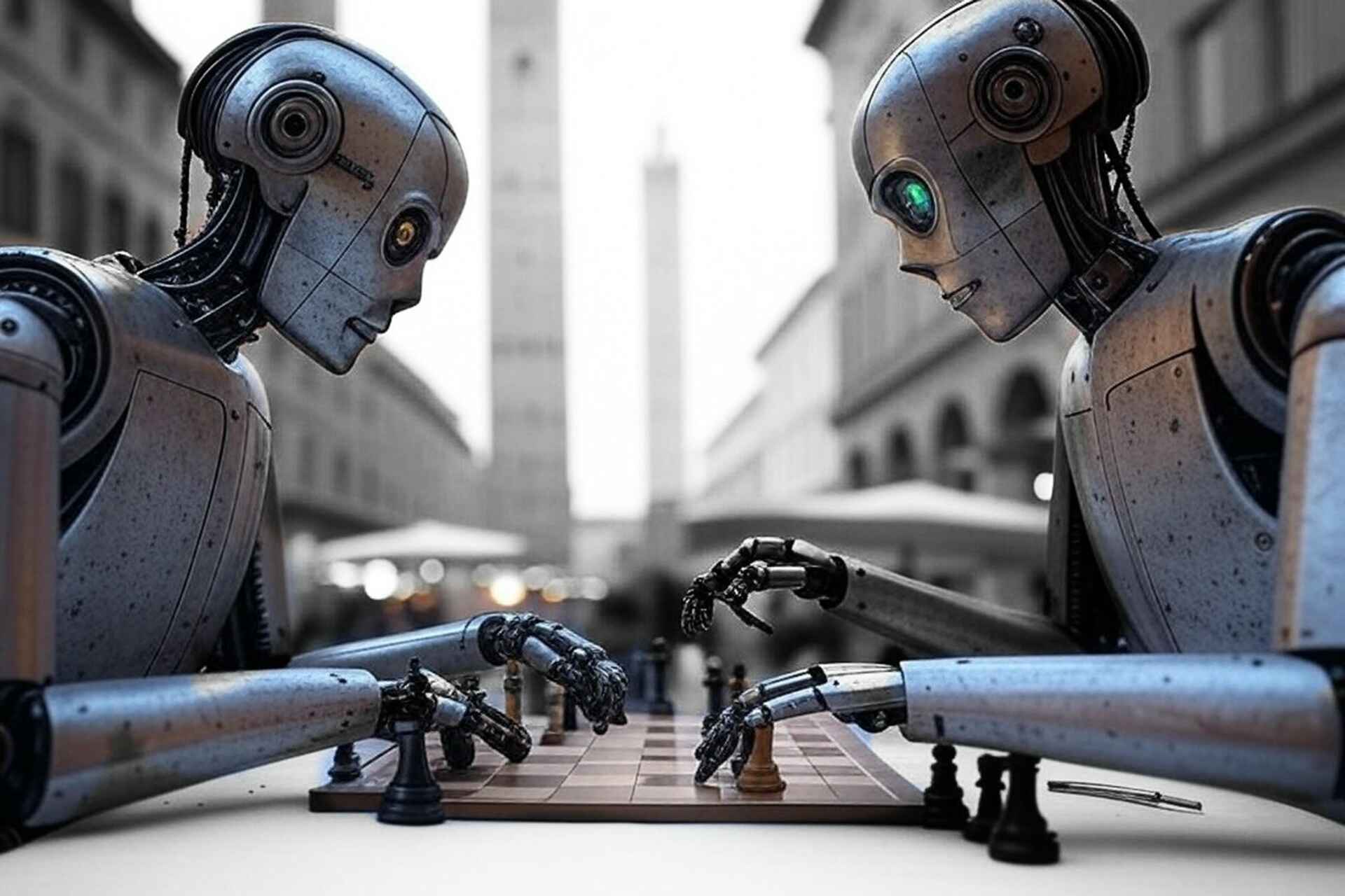 Due robot realistici giocano a scacchi nel centro di Bologna, simbolo di strategia e competizione.