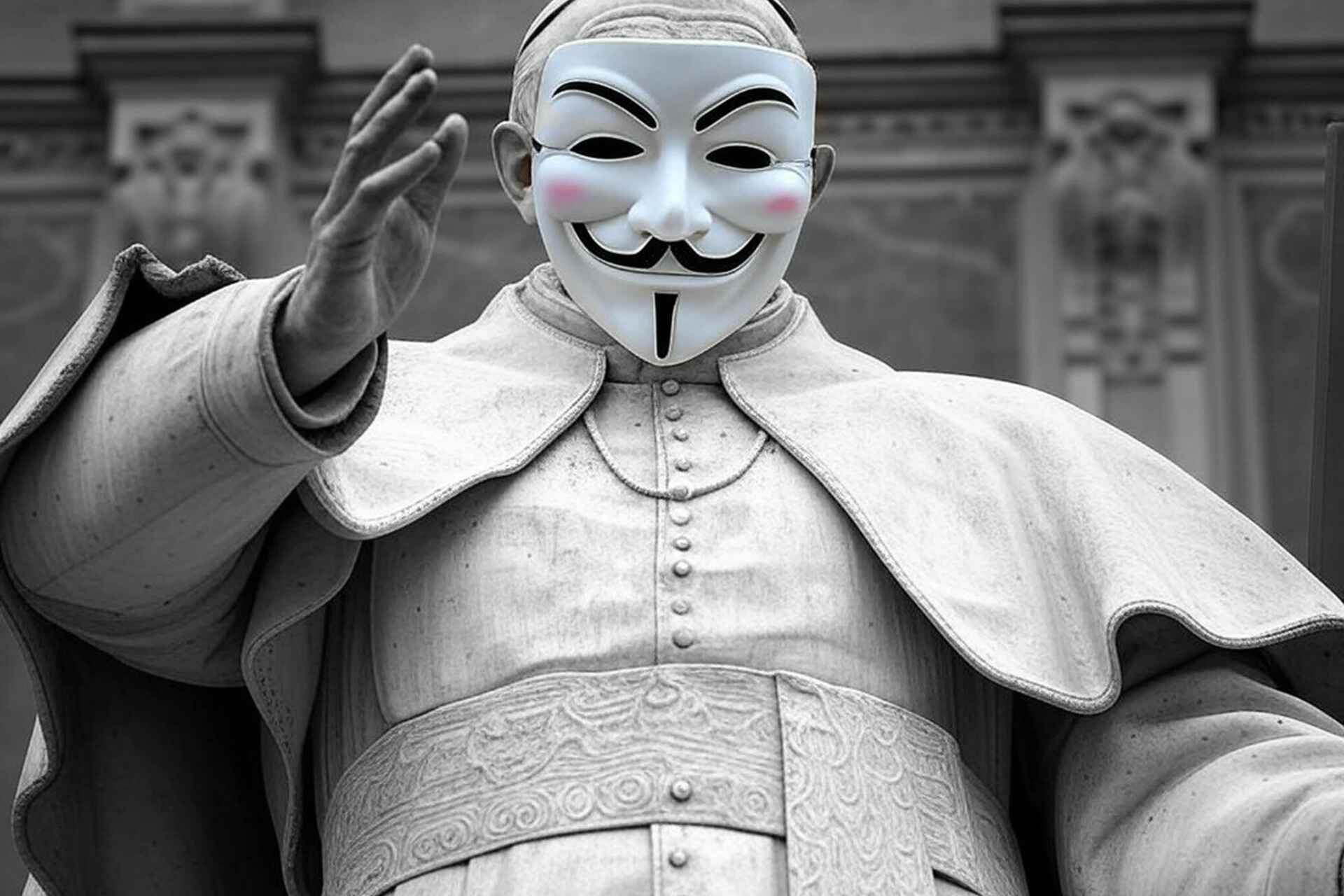 Statua di statua di un papa con maschera di Guy Fawkes, simbolo di riservatezza e protezione dell’identità.