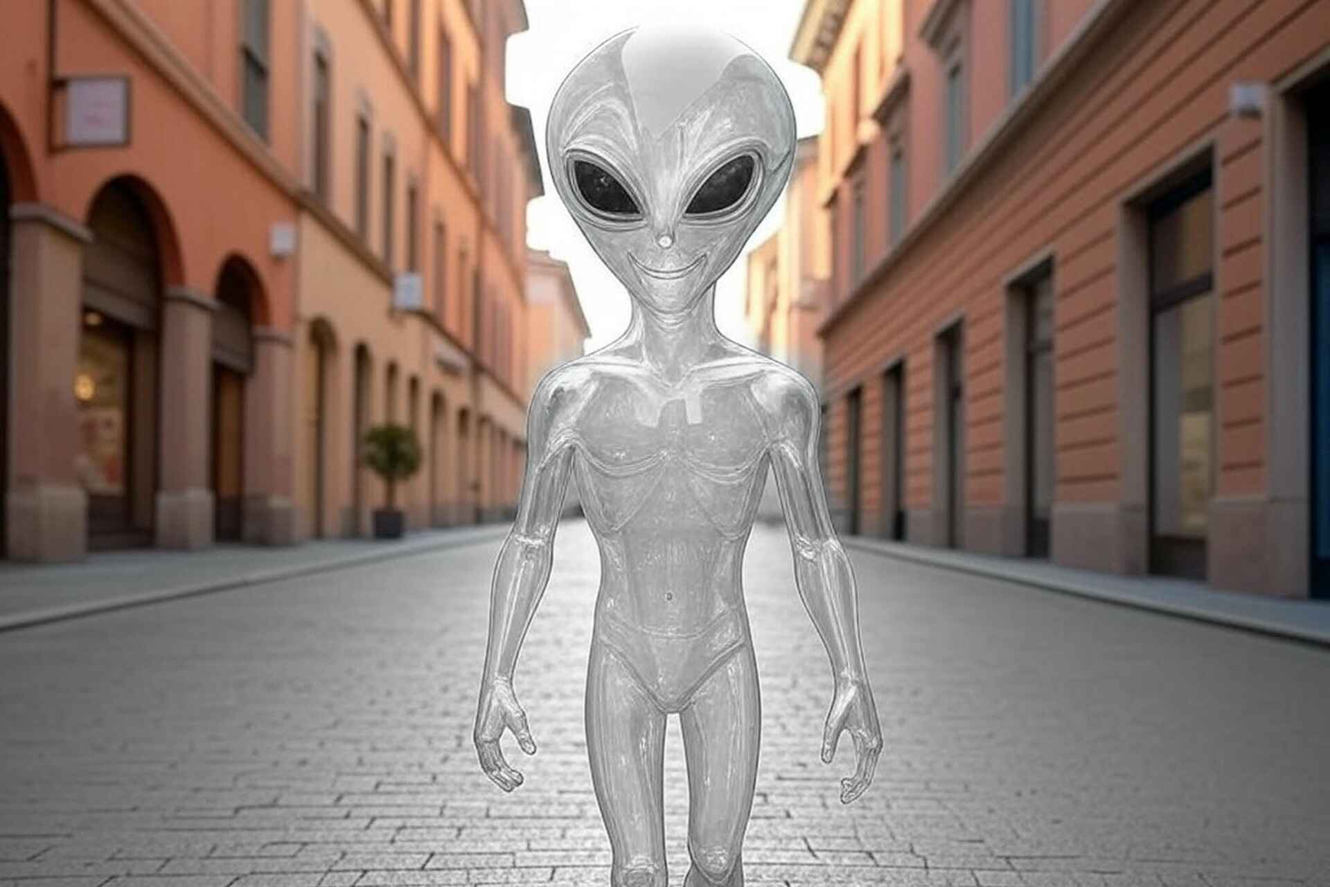 Alieno trasparente in una via del centro di Bologna, simbolo di totale trasparenza e assenza di secondi fini.