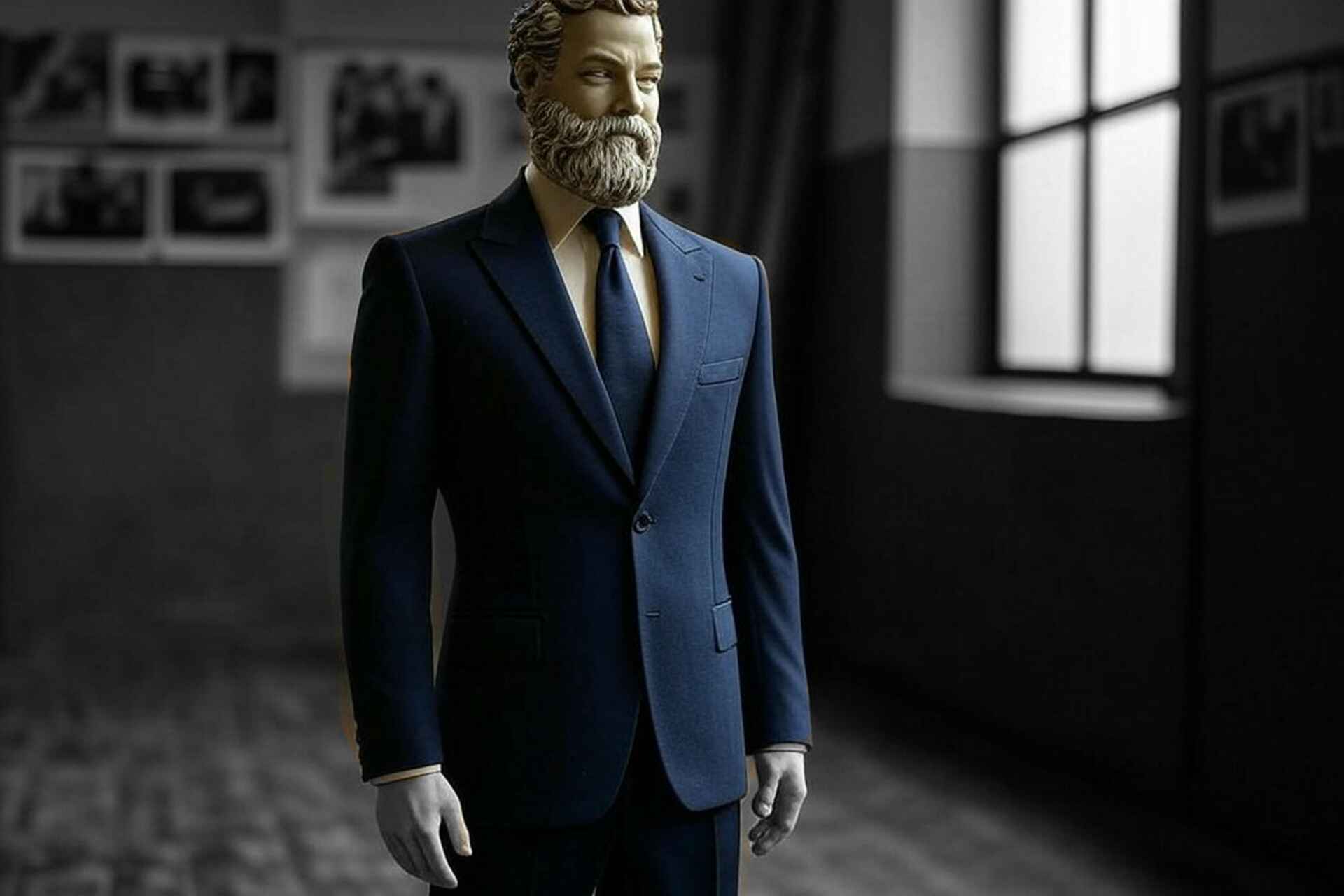 Statua realistica di uomo elegante in completo blu, simbolo di attenzione sartoriale e approccio su misura.