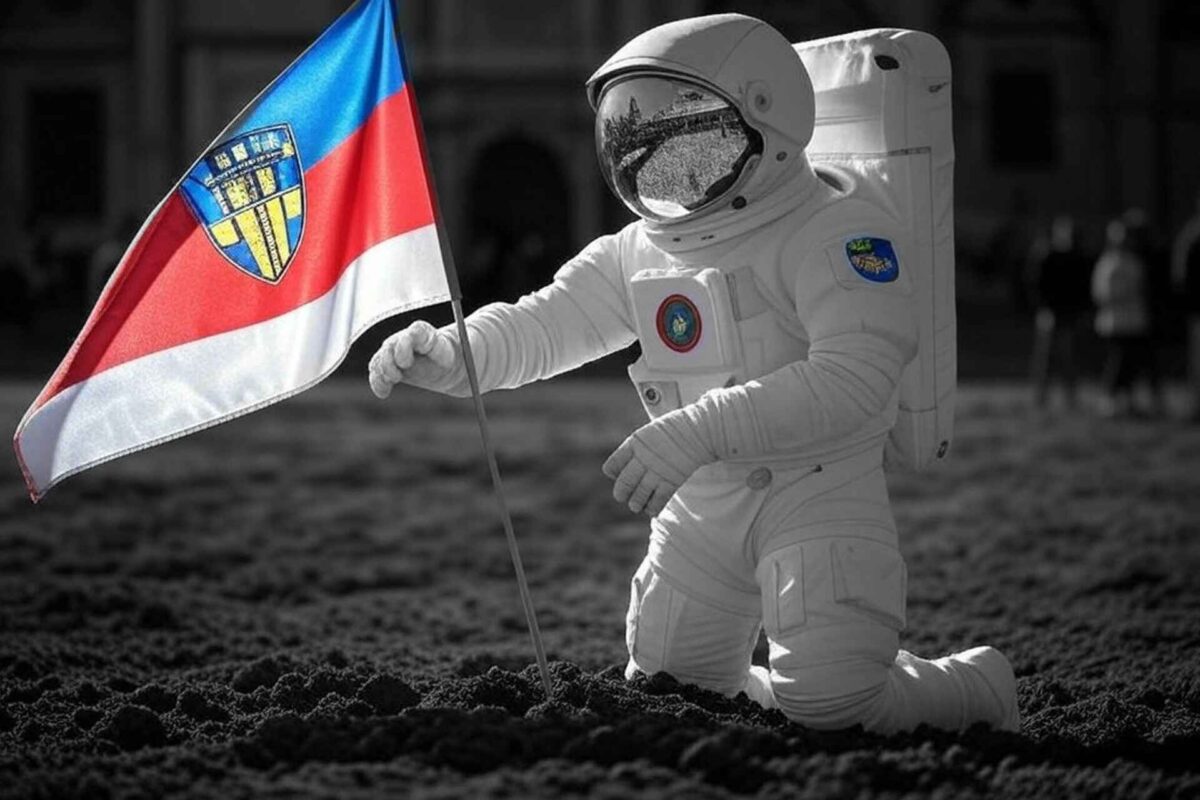 Astronauta pianta una bandiera con lo stemma di Bologna su terreno scuro, simbolo di innovazione nel settore immobiliare.