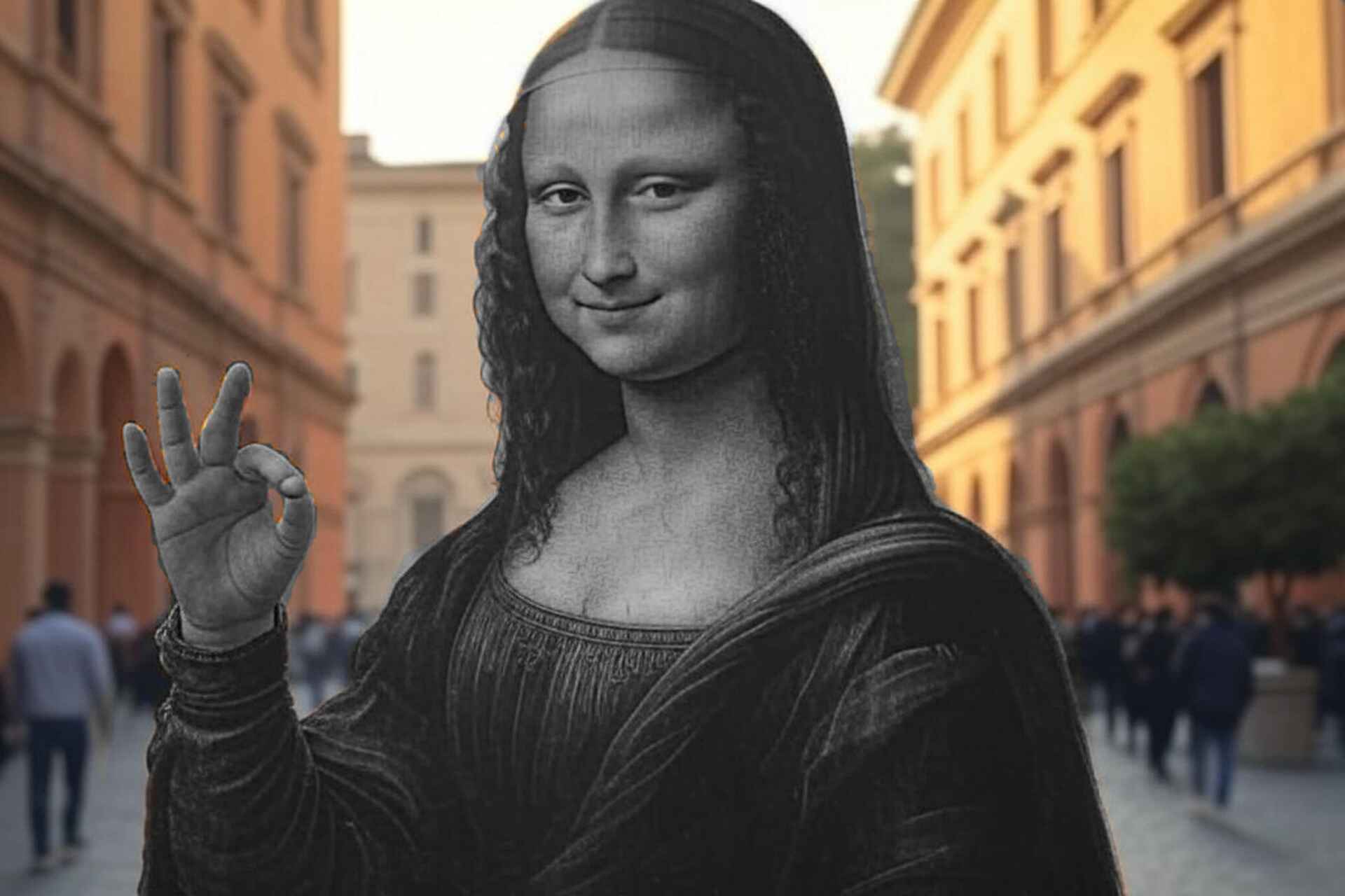 Gioconda che sorride e fa il gesto “OK” in una strada porticata di Bologna