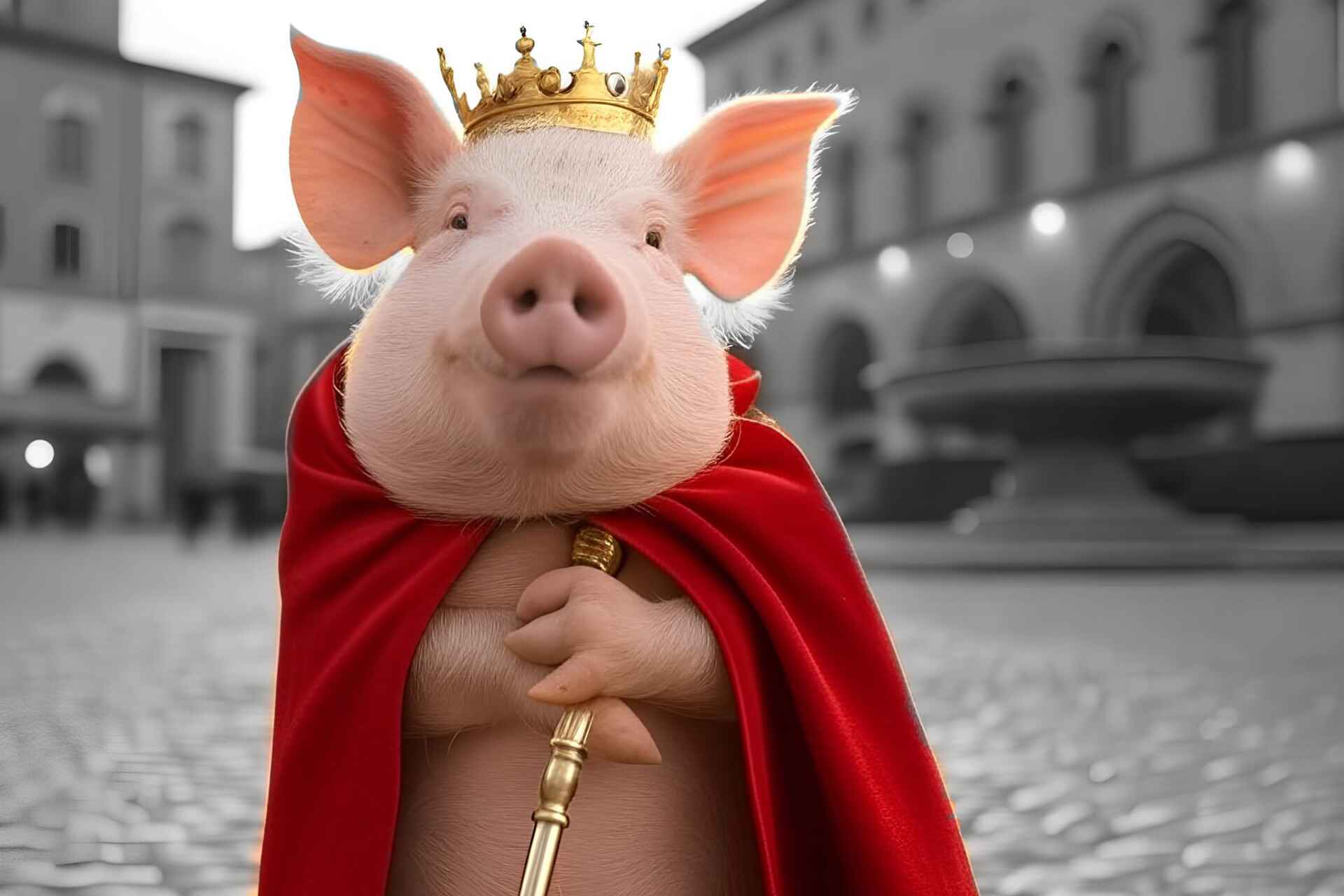 Maiale con corona dorata e mantello rosso, in posa regale su una piazza storica di Bologna, simbolo ironico di come l’agenzia non si presenti come infallibile o invincibile.