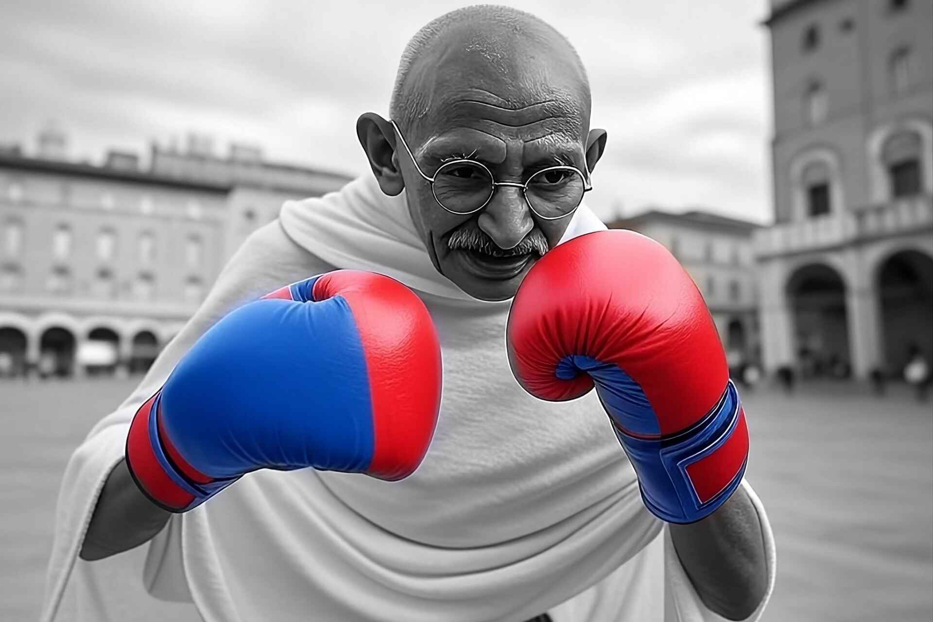 Uomo somigliante a Gandhi con guantoni da boxe rossi e blu (colori del Bologna calcio) in posa combattiva in una piazza storica di Bologna, simbolo ironico di resilienza e integrità nell’immobiliare.