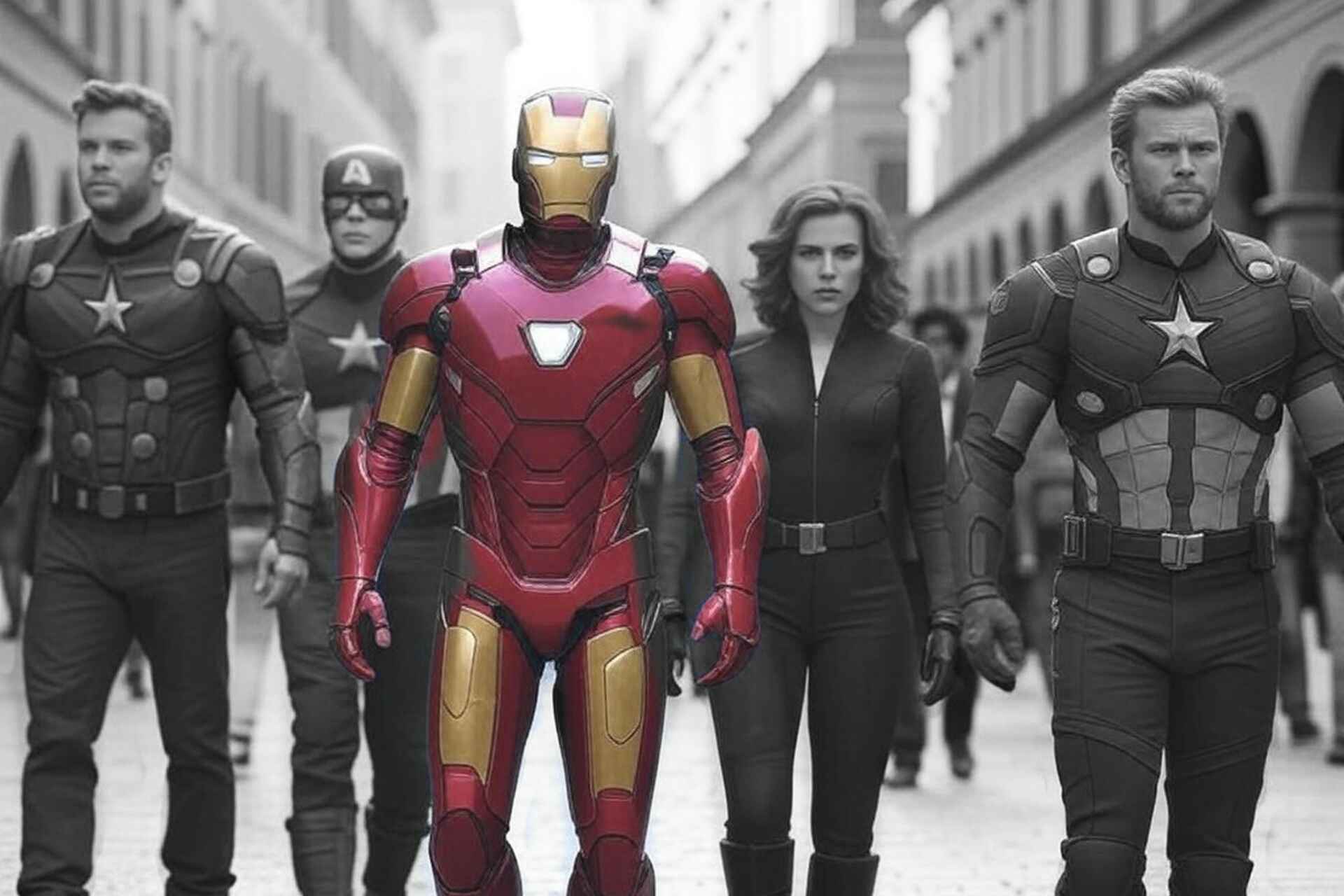 Un gruppo di supereroi cammina unito sotto i portici di Bologna, rappresentando forza, diversità e lavoro di squadra.