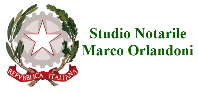 Logo dello Studio Notarile Marco Orlandoni, con emblema ufficiale italiano e testo verde, partner giuridico e fiscale.