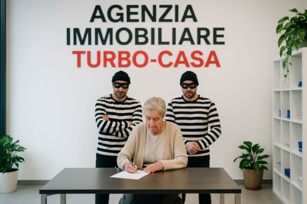 Un’anziana donna firma un documento mentre due uomini mascherati e vestiti a righe la osservano, scena simbolica che rappresenta la mancanza di trasparenza e l’importanza dell’onestà nel settore immobiliare a Bologna.