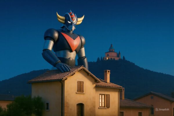 Gigantesco robot in stile Goldrake accanto a una casa sotto il cielo notturno, con il Santuario di San Luca sullo sfondo, simbolo epico di affidabilità e competenza nel settore immobiliare a Bologna.