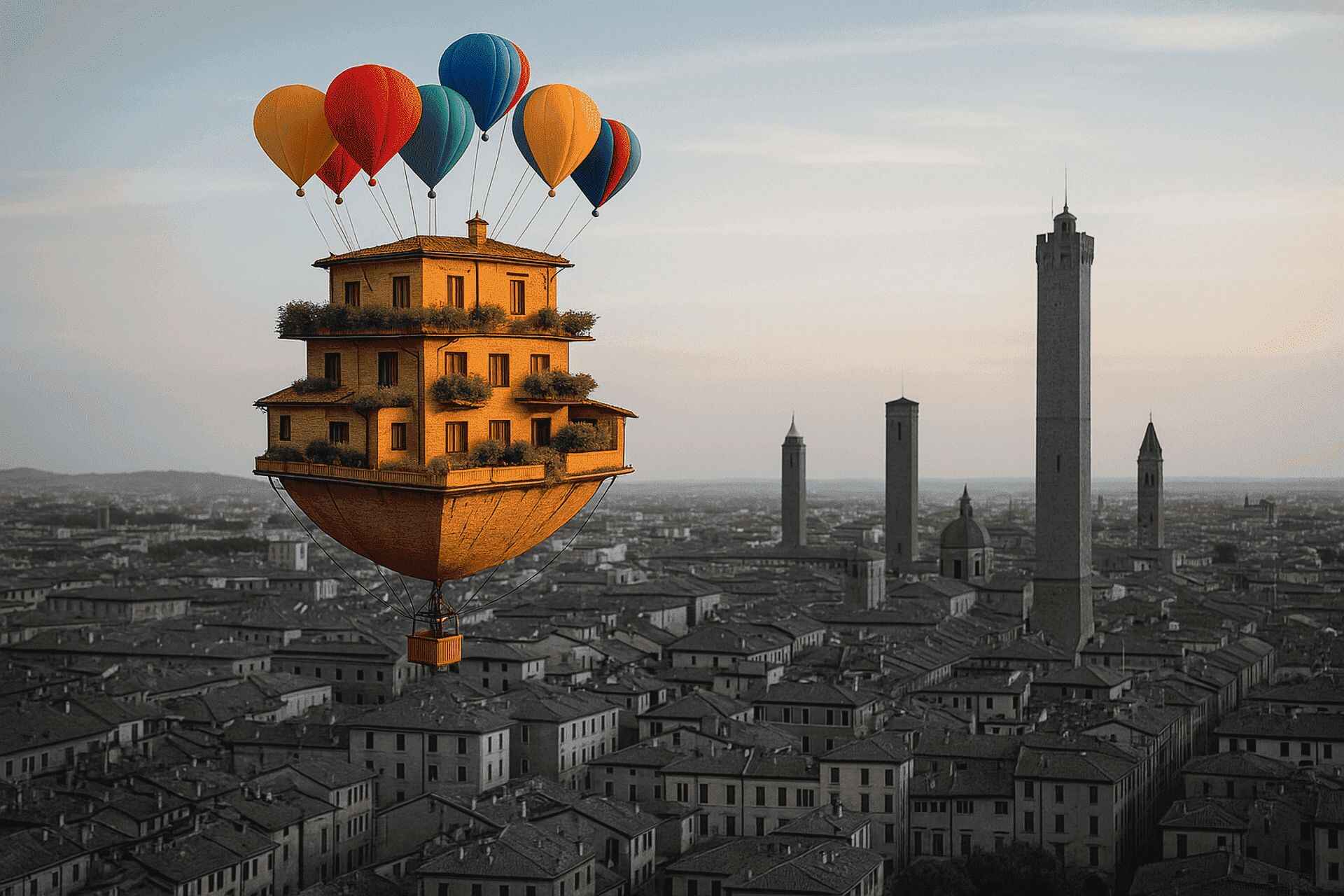 Casa sospesa con mongolfiere sopra Bologna, simbolo del Real Estate digitale, innovativo e connesso.