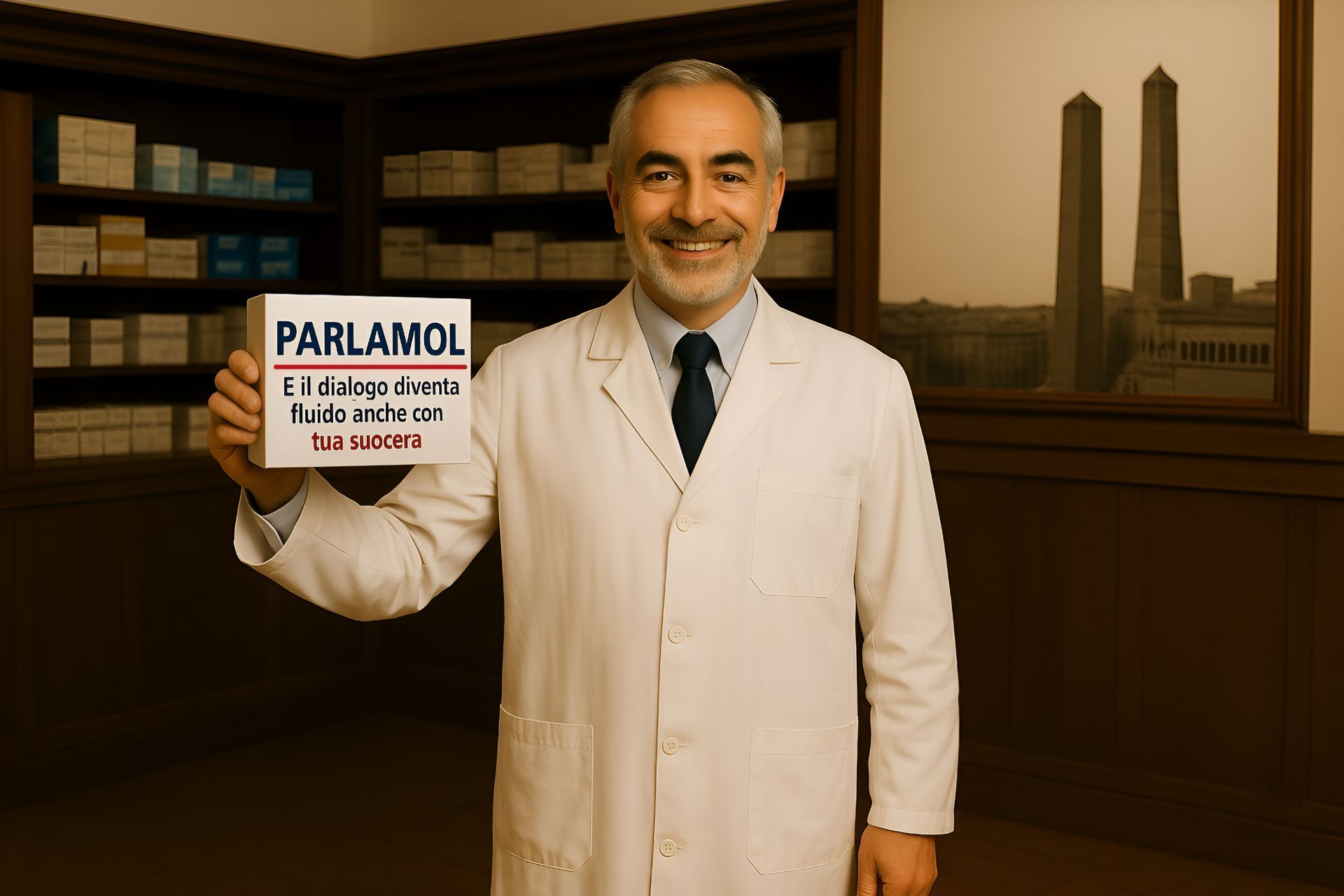 Consulente immobiliare di DesiderataDomus con confezione ironica “Parlamol”, simbolo della comunicazione aperta e diretta con i clienti a Bologna.