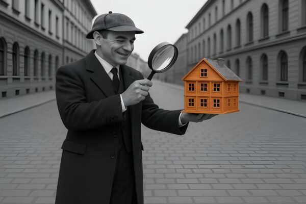 Uomo elegante in cappotto e cappello analizza con una lente d’ingrandimento una casa in miniatura, su sfondo urbano sfocato.