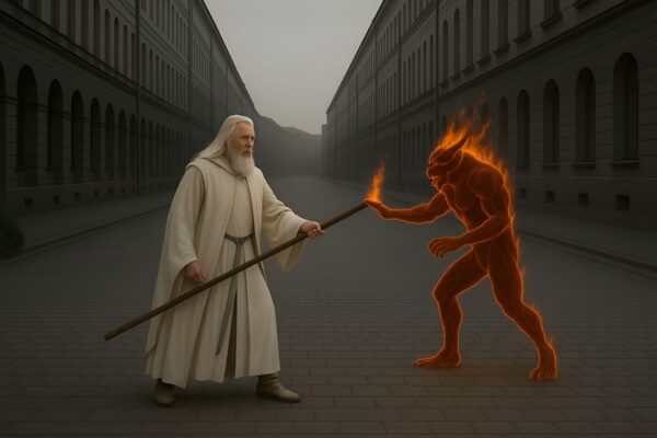 Mago in abiti bianchi affronta un demone di fuoco in una via porticata del centro storico, simbolo della protezione del patrimonio immobiliare da imprevisti e complicazioni.