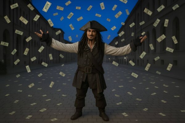 Personaggio travestito da pirata fa piovere banconote dal cielo, festante, sotto i portici di Bologna.