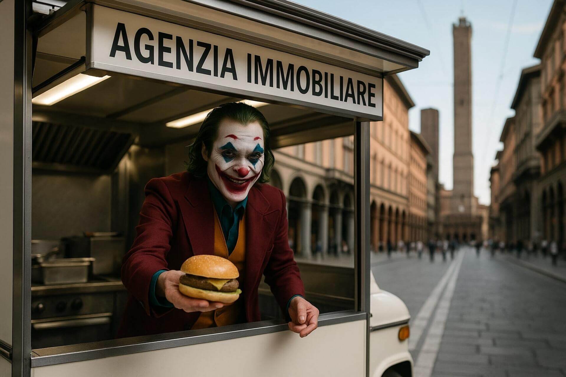 Uomo truccato da Joker offre un panino da un furgoncino con insegna “Agenzia immobiliare” in centro a Bologna con le Due Torri sullo sfondo, simbolo ironico di approccio scorretto nel settore immobiliare.