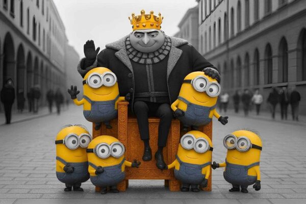 Personaggio animato con corona siede su un trono circondato da Minions in una piazza bolognese, in atteggiamento di comando.