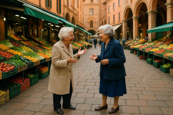 Due signore anziane chiacchierano sorridenti tra le bancarelle colorate di un mercato sotto i portici di Bologna, simbolo del dialogo e dello scambio di esperienze.