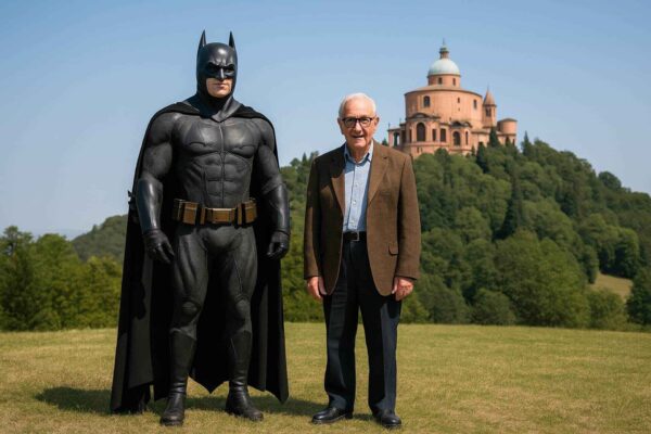 Batman e un uomo anziano in posa insieme davanti alla collina del Santuario di San Luca a Bologna, simbolo di partnership, protezione e alleanza nel settore immobiliare.