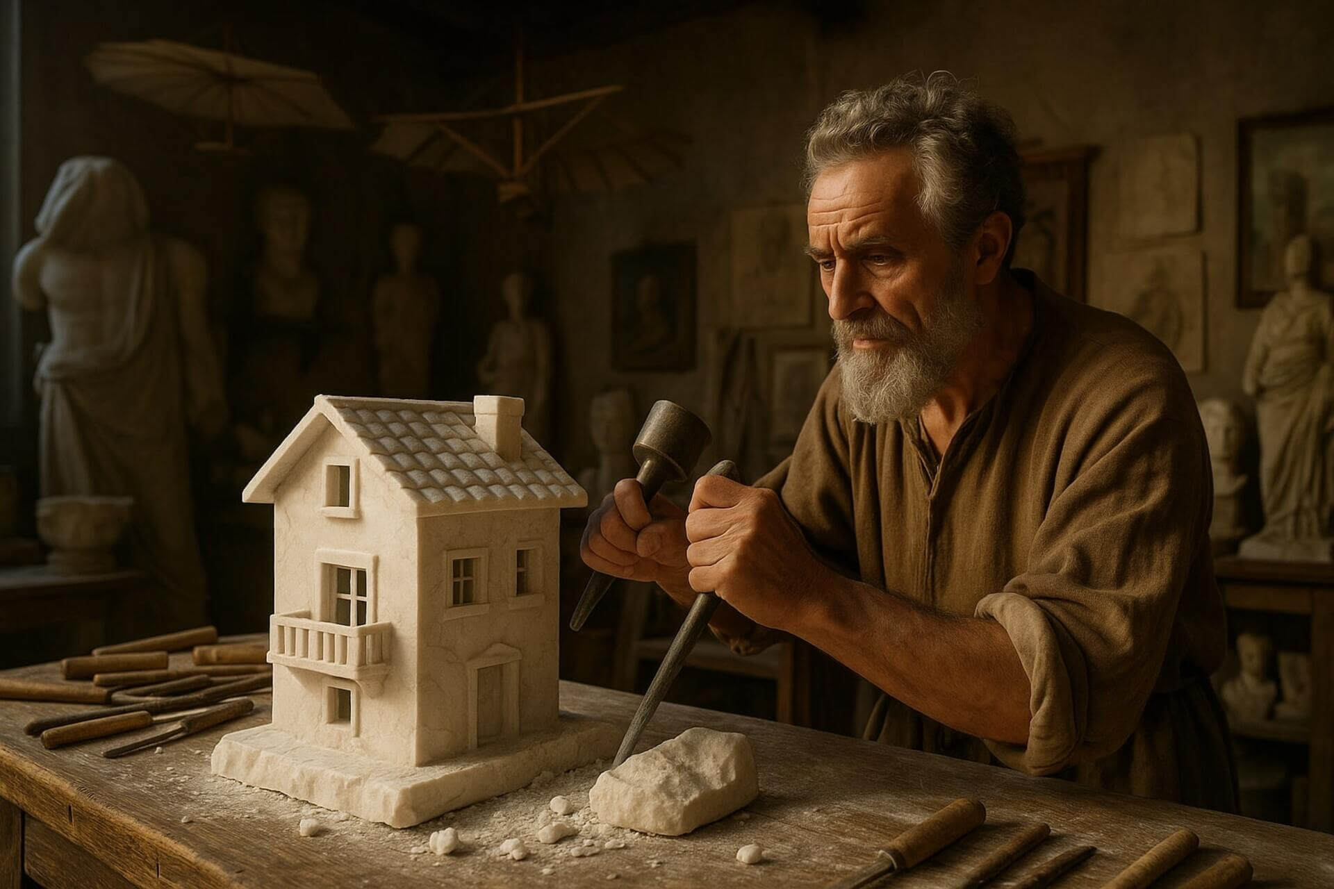 Scultore anziano che scolpisce una casa in pietra con martello e scalpello in un laboratorio d’arte, simbolo di consulenza personalizzata immobiliare a Bologna.