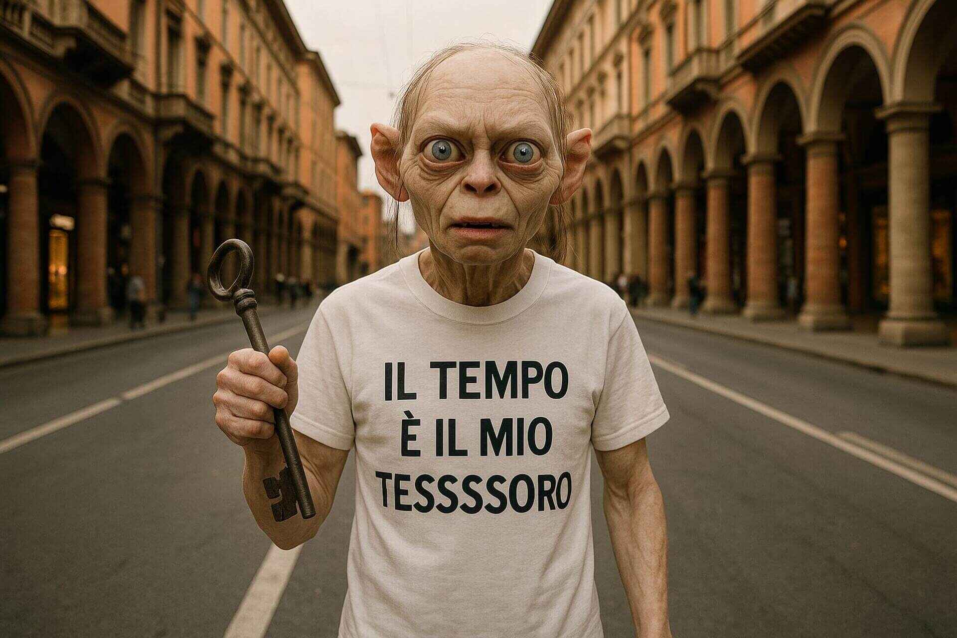 Sméagol in versione ironica con maglietta “Il tempo è il mio tessssoro” e una grande chiave in mano, tra i portici di Bologna.