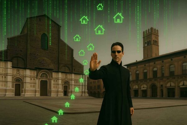 Uomo in trench nero stile Matrix ferma un flusso di icone-casa digitali in Piazza Maggiore a Bologna.