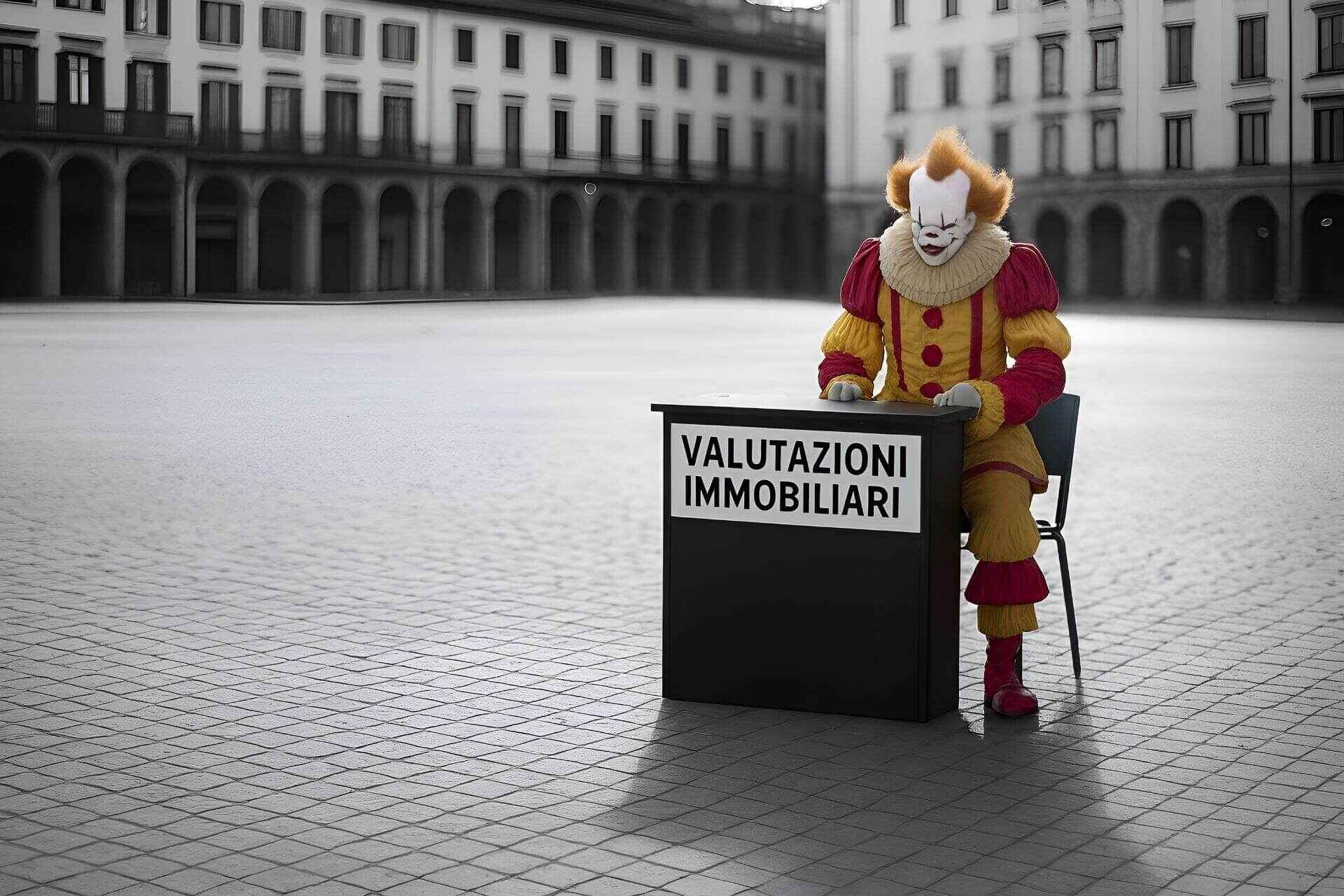 Pagliaccio in costume da clown, in stile personaggio Pennywise, protagonista del romanzo "It" di Stephen King, seduto a un banco con la scritta "Valutazioni Immobiliari", in una piazza deserta, simbolo delle stime online poco affidabili.