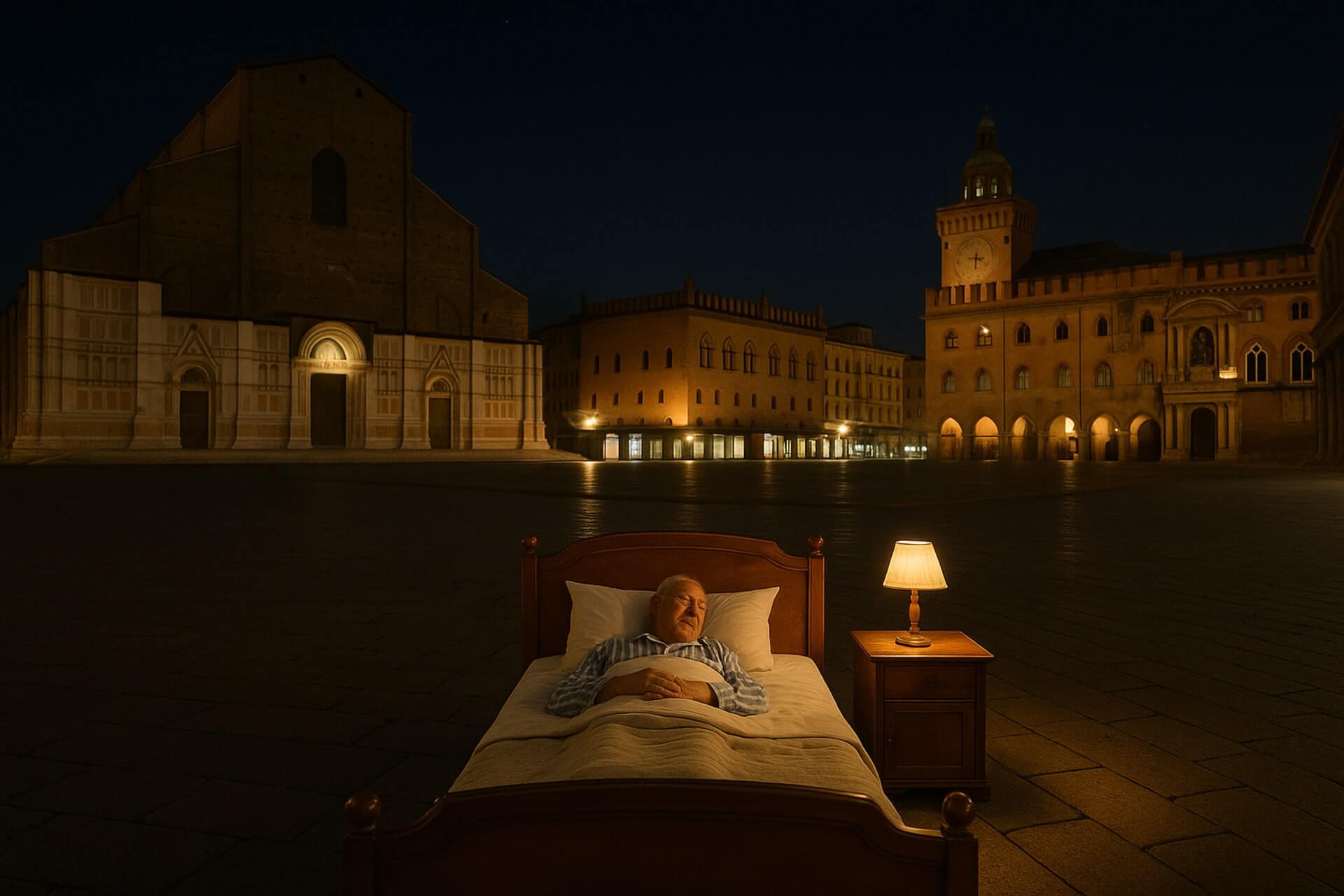 Uomo che dorme sereno in un letto con abat-jour acceso al centro di Piazza Maggiore a Bologna, simbolo di sicurezza nelle transazioni immobiliari.