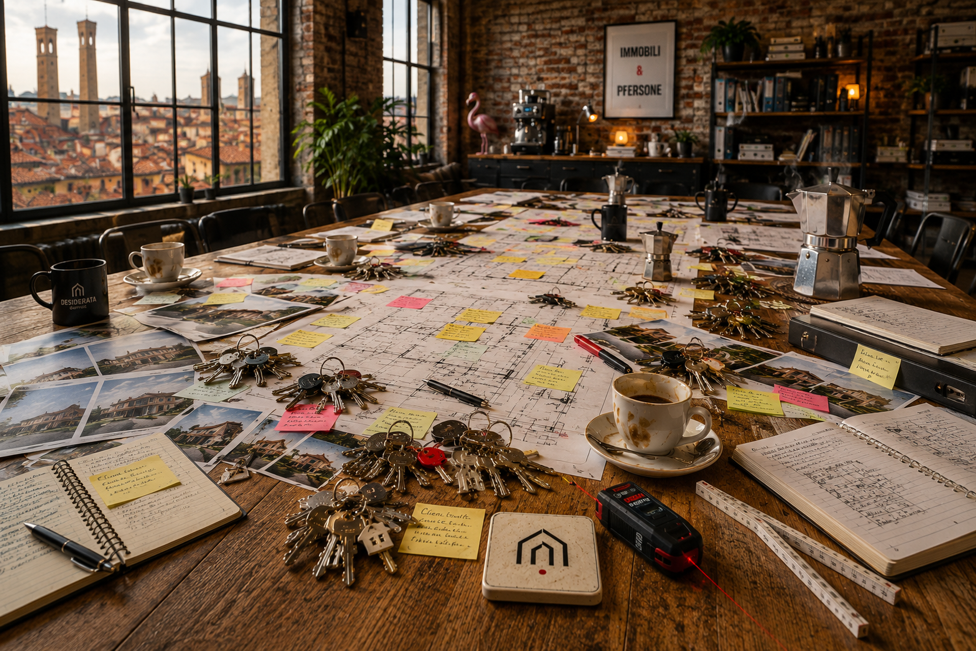 Blog immobiliare DESIDERATAdomus con tavolo di lavoro, planimetrie, chiavi e caffè in un loft a Bologna